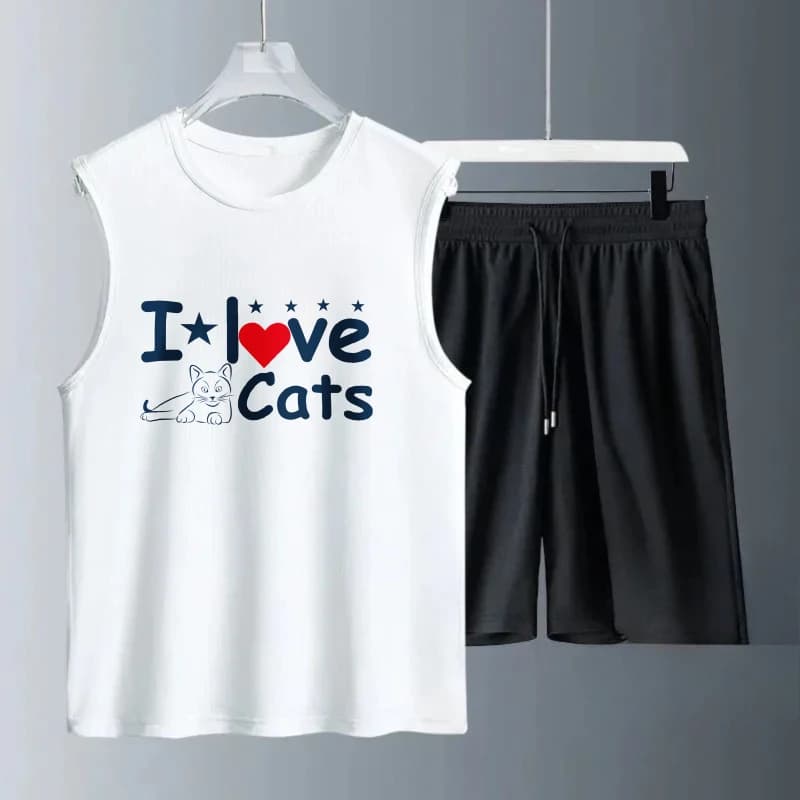 Gilet da uomo estivo senza maniche stampato I Love Cats canotte + pantaloncini set di abbigliamento firmato da uomo Allenamento ad asciugatura rapida