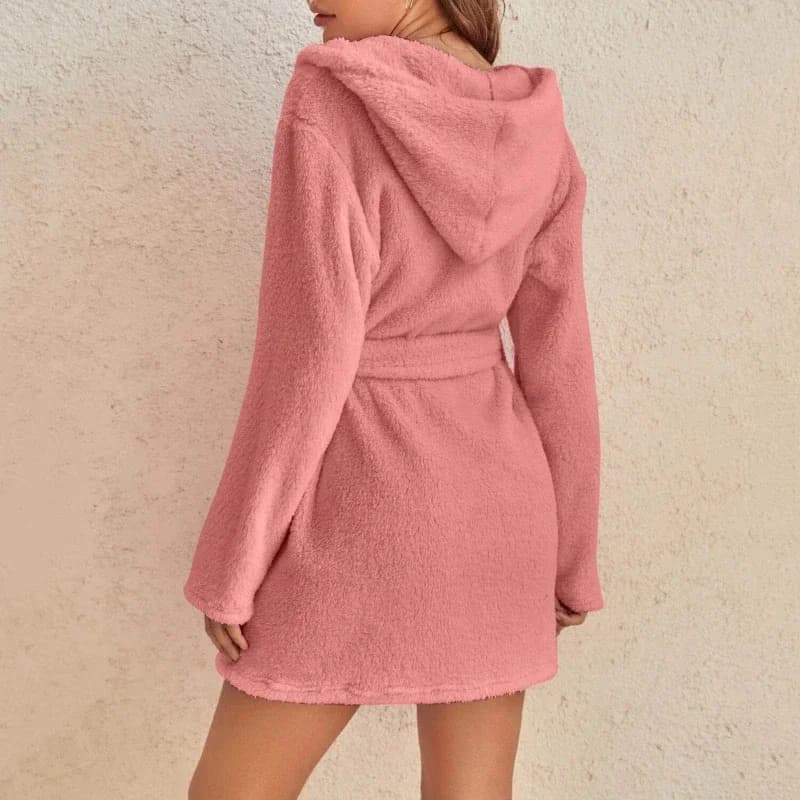 Plush pajamas for the house with hood autumn and winter, warm bathrobe in solid color for woman