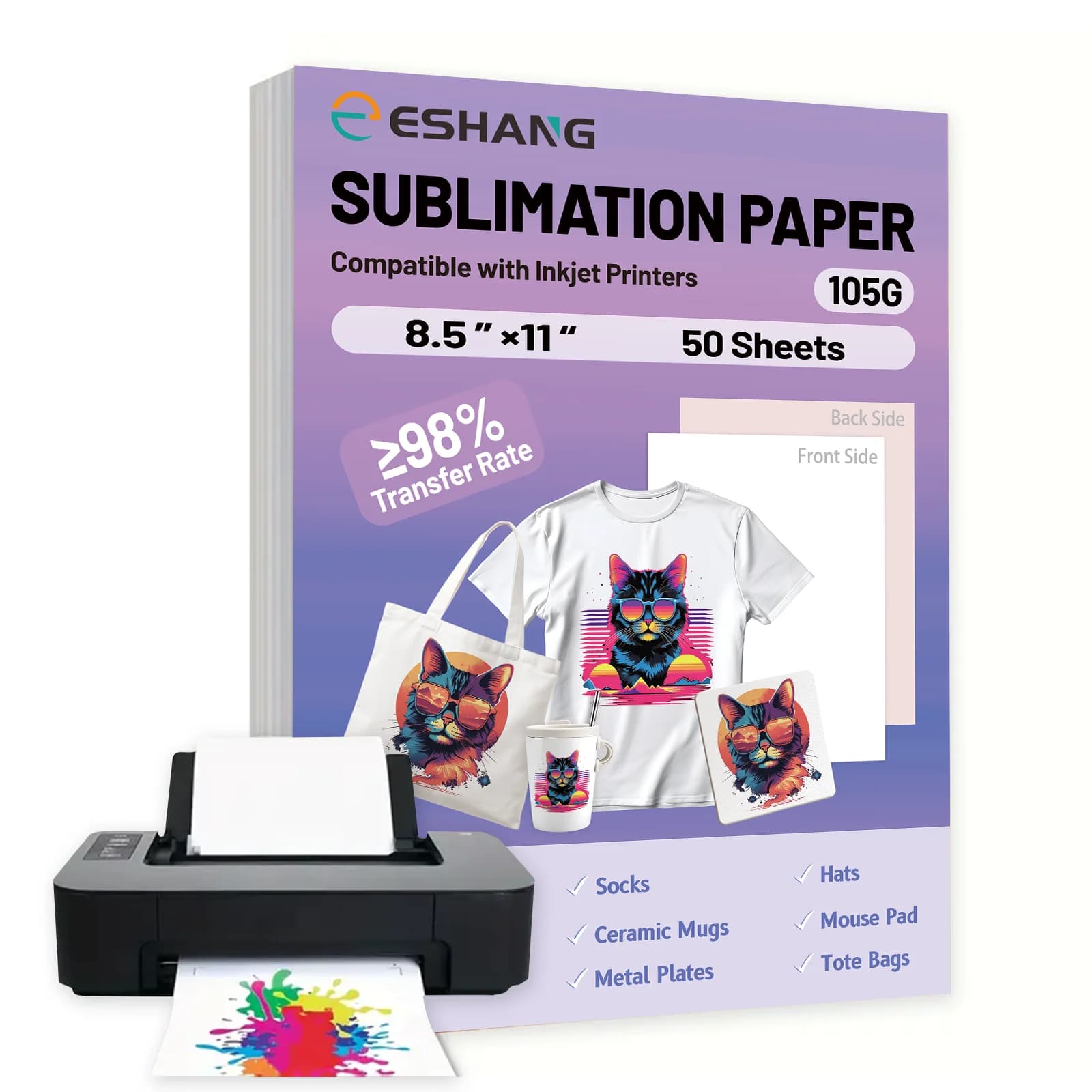 50 fogli di carta per sublimazione da 8,5x11" 105 g, compatibili con stampanti a getto d'inchiostro per trasferimento di magliette e tazze, carta bianca, formato lettera