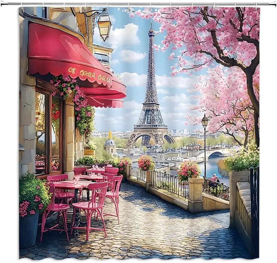 Aesthetic Paris Eiffel Tower Shower Curtain Pink Floral Cherry Blossom Waterproof Polyester Liner Bathroom Decor Home Romantic S