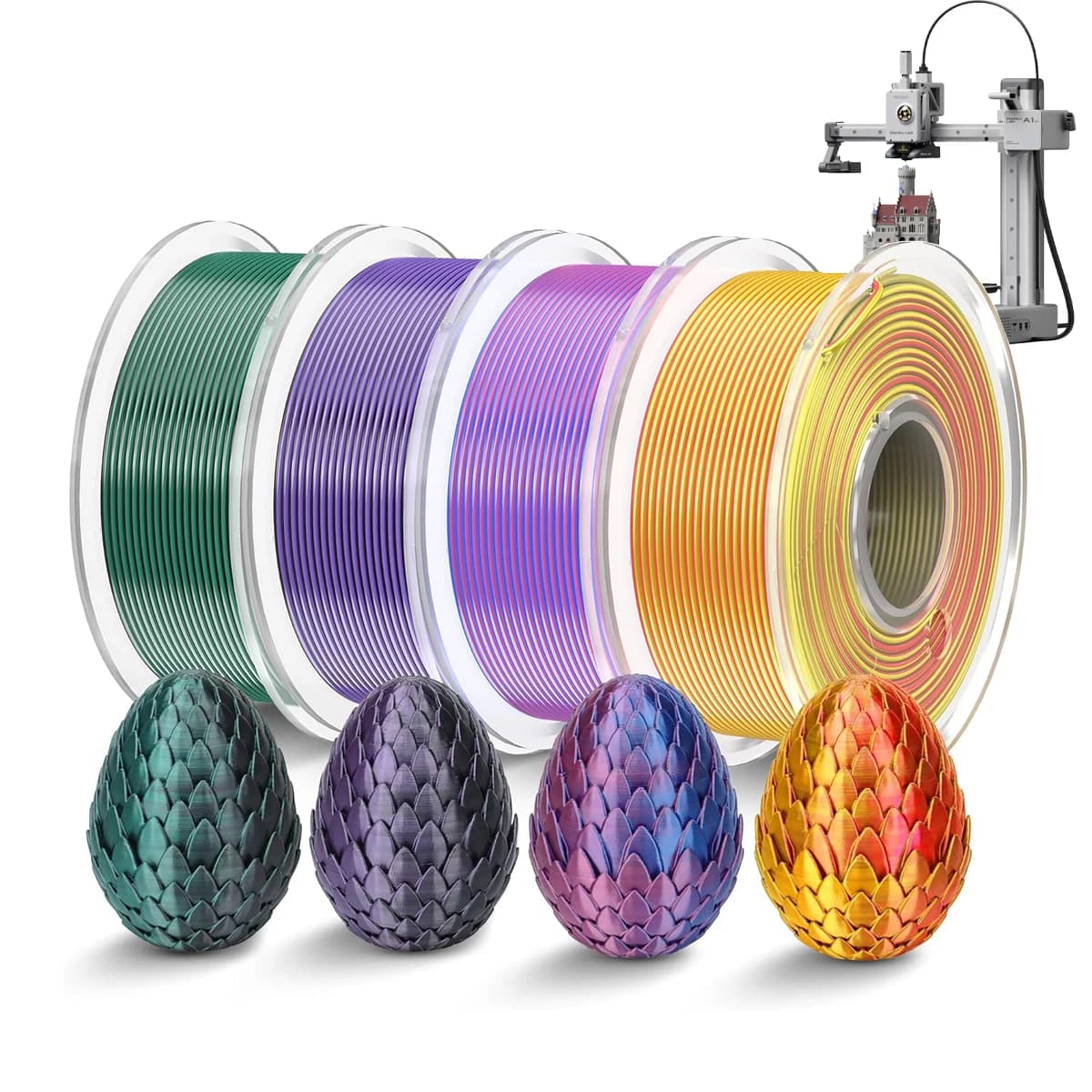 Silk Filament Paper, 3D Printer Filament Package with Polished Silk Plot, Double Color Silk Filament, 250 g Coil, 4 rolls, 1 kg
