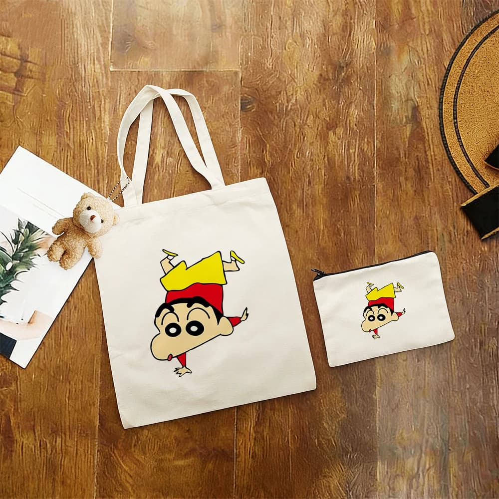 Borsa in tela Kawaii Crayon Shin Chan 3 pezzi, design simpatico e divertente, grande borsa tote, portafoglio, per fan degli anime, shopping quotidiano, borsa a mano per studenti