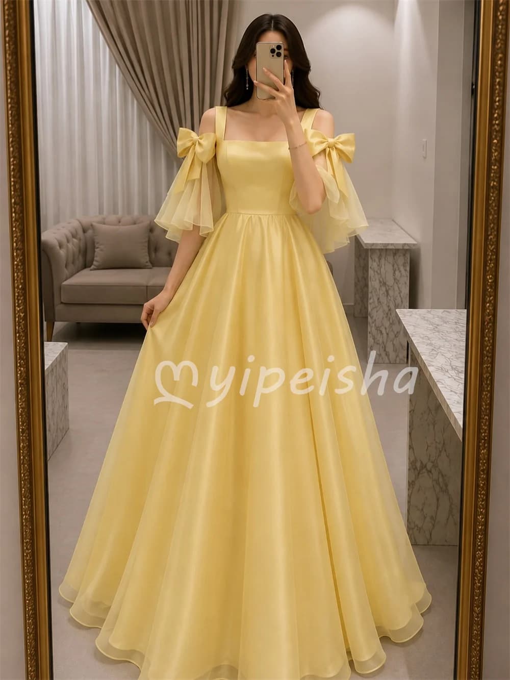 Yellow Exquisite Casual Charmeuse Bow Pleat A-line Off-the-shoulder Floor-Length Evening Dresses For Birthday Party Customized