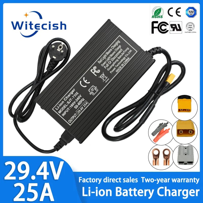 Caricabatterie rapido da 29,4 V 25 A Caricabatteria agli ioni di litio serie 7 24 V per caricabatteria al litio Custodia in alluminio con ventola Arresto automatico completo