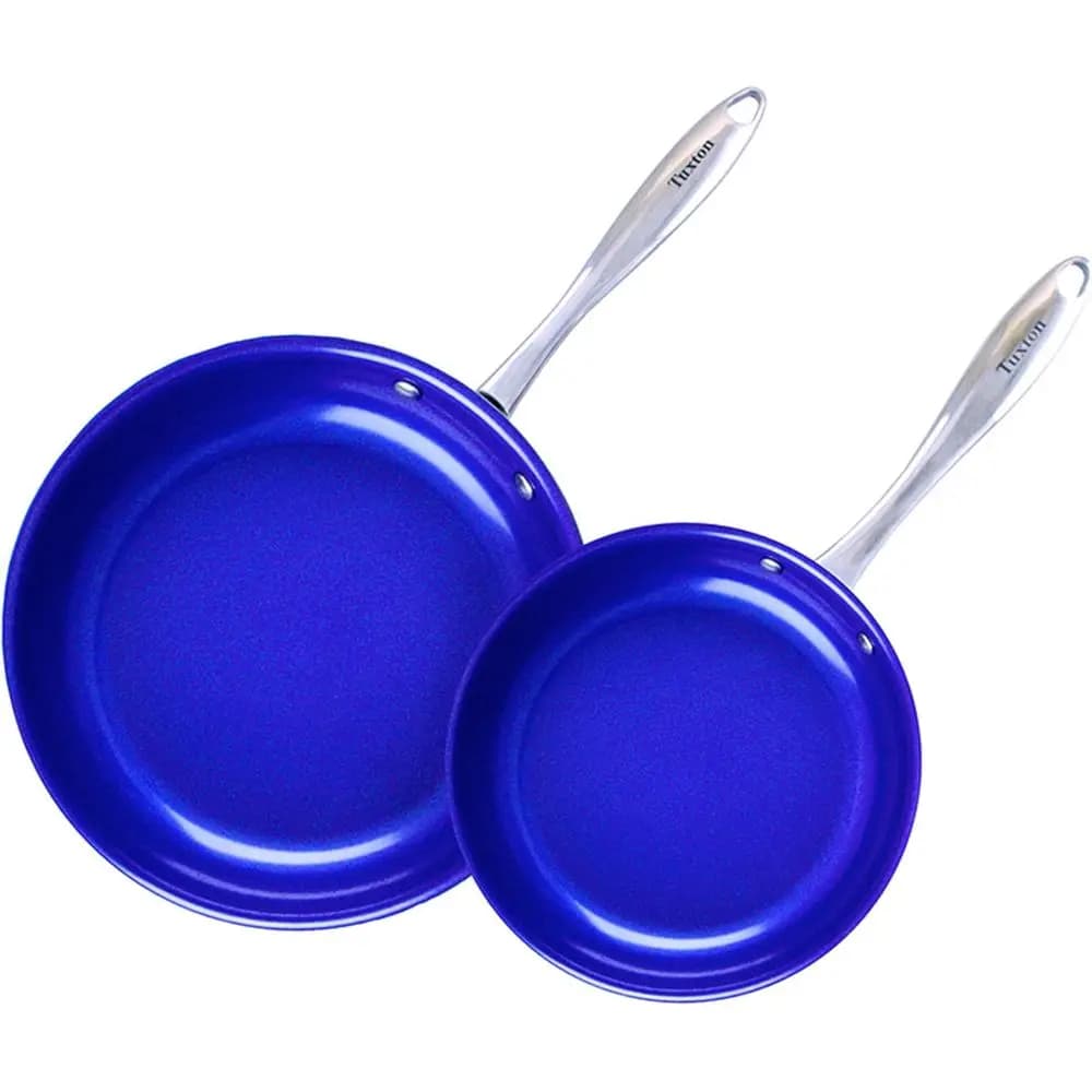 Set di Padelle Antiaderenti in Acciaio Inox, 8 e 11 Pollici, Manici Blu Cobalto, Adatte per Fornello e Forno