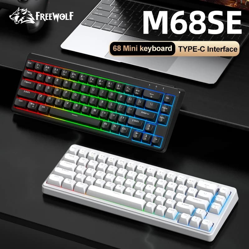 FREEWOLF M68SE Tastiera meccanica 68 tasti Mini tastiera compatta cablata silenziosa per laptop, giochi e ufficio