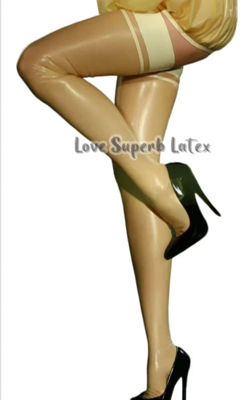 Unisex Fetish Latex Stockings Natural Transparent and White Trim Lady's Thigh High Socks Halloween