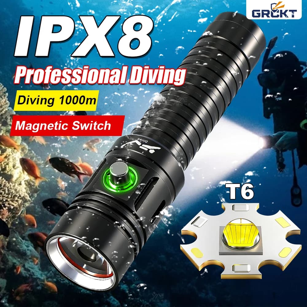 High Power Diving Flashlight IPX8 Highest Waterproof Rating Professional Diving Light Powered by 18650 Battery With Hand Rope