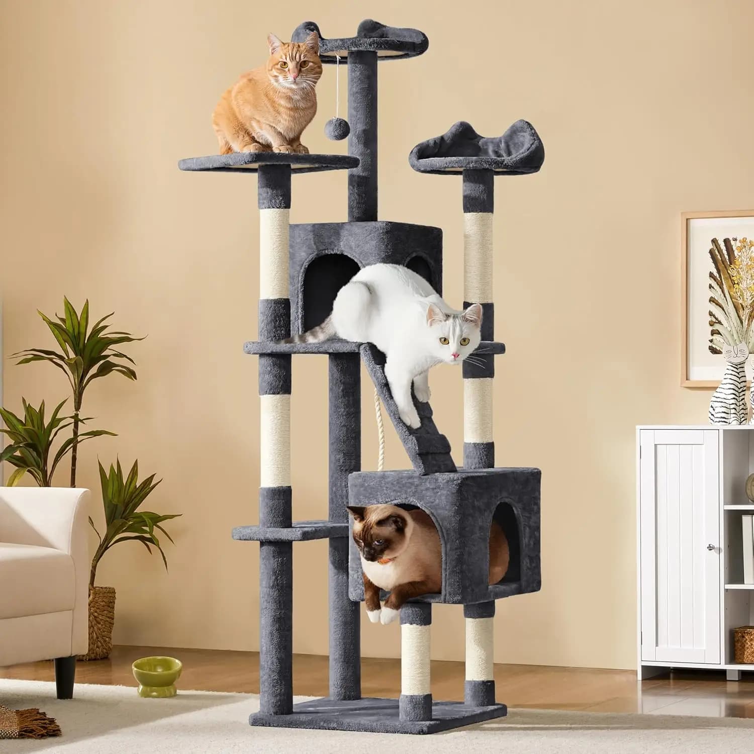 Cuccia per Gatti da Interno, Sisal, Grigio Scuro, Multi-Livello con Cuccette e Palla Giocattolo Rimovibile