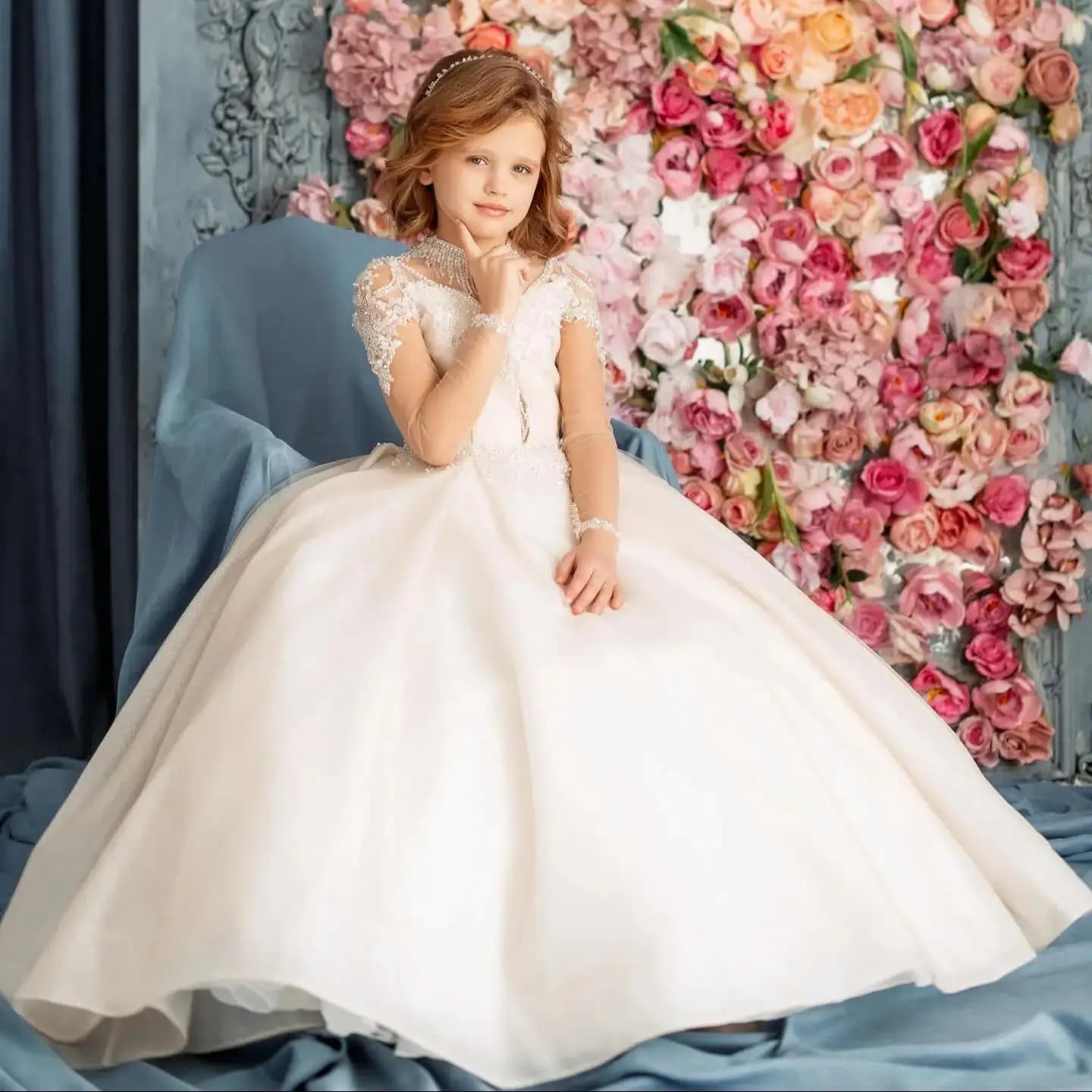 Abito Personalizzato da Damigella per Bambine, Vestito da Principessa con Perline per Feste di Compleanno, Abiti da Prima Comunione con Collo a O