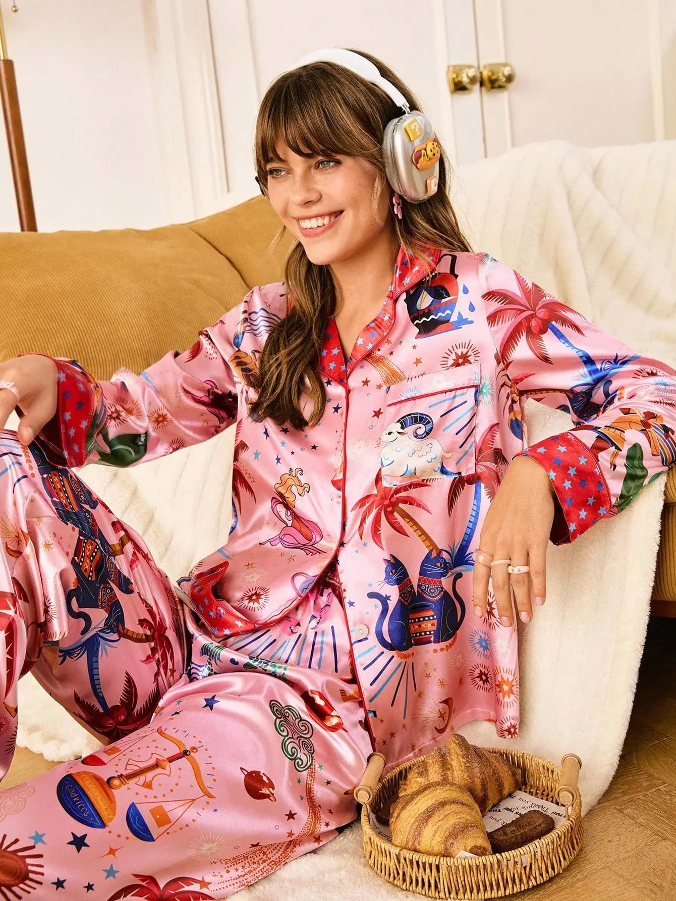 Women's Pink Satin Pajama Set with Exotic Print, Lapel Collar Top & Pants