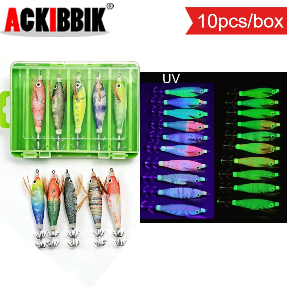 Set of 10 horizontal artificial baits for squid, covered in fabric, 8 cm, with fish skin, wooden shrimp, UV light, with feather fins and tool box