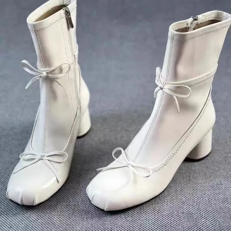 Boots with bow Autumn 2025 New shoes with wear-resistant wide heel and square tip with side zipper
