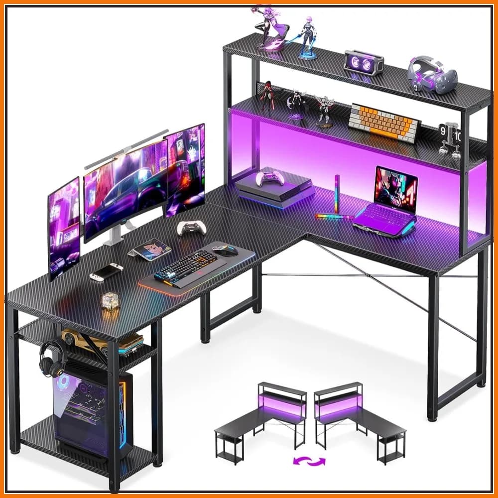 Scrivania da Gaming a L da 53 Pollici con Gancio per Cuffie e Ripiano Superiore, Tavolo Angolare per Computer con Scaffali Portaoggetti per Ufficio Domestico, Nero