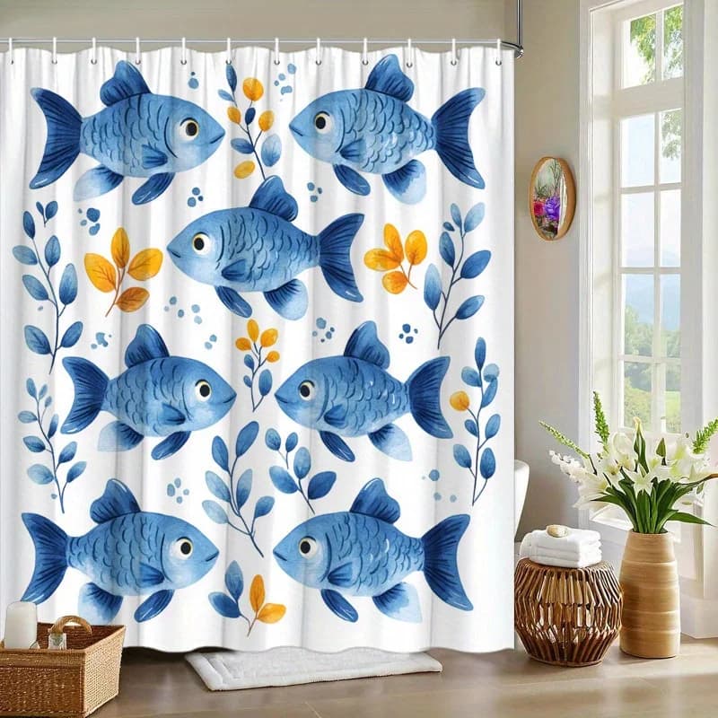 1 tenda da doccia giocosa acquerello con pesci azzurri con foglie arancioni e blu - Modello simmetrico, poliestere, lavabile in lavatrice