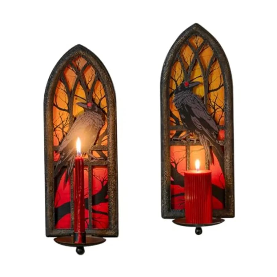 Set di 2 Applique da Parete Gotiche, Portacandele in Ferro Battuto da Parete con Vassoi Rimovibili per Candele a Cono e a Colonna