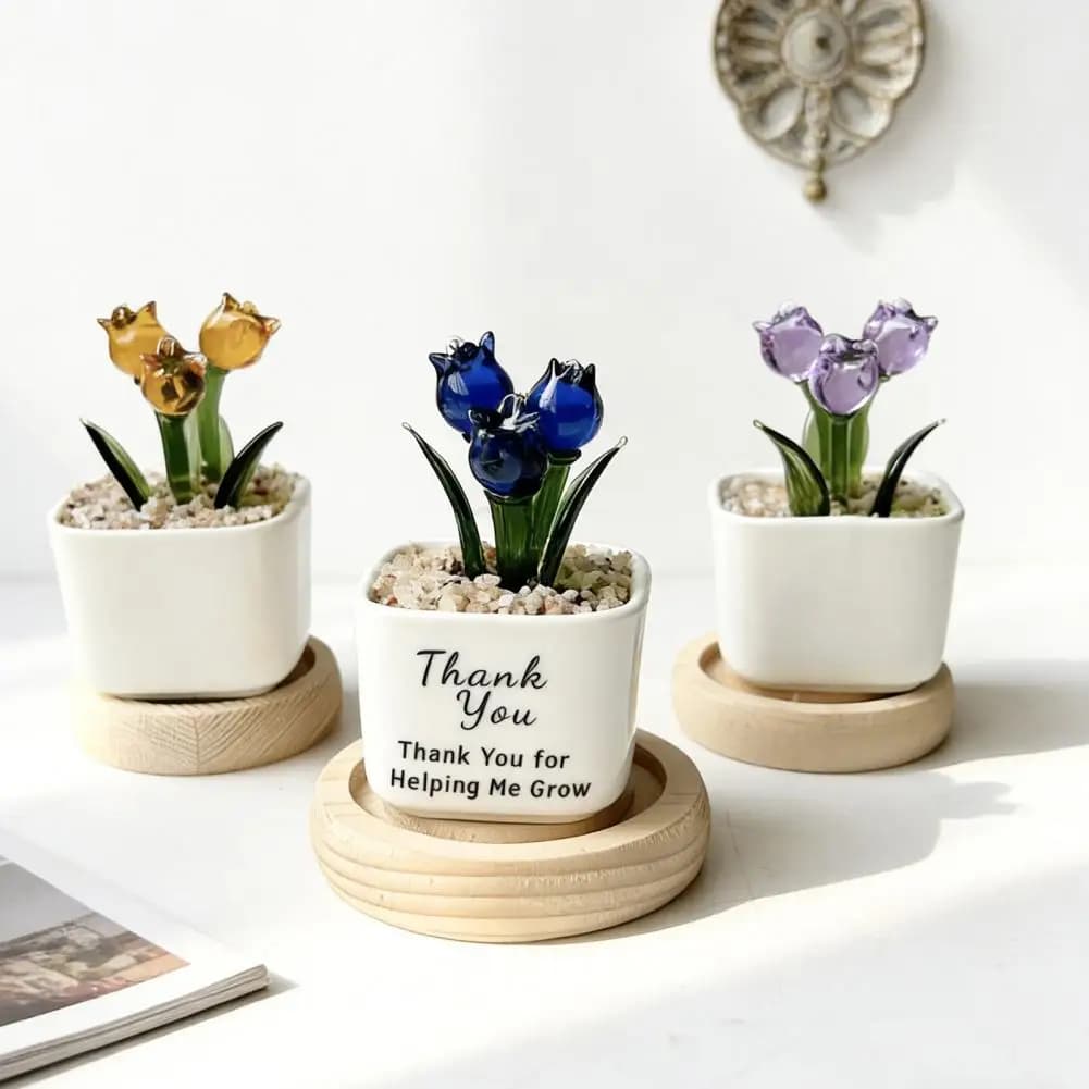 Mini Potted Glass Flower Decoration Miniature Tulip Flower Planter Pot Figurine Statue Home Office Bookshelf Desktop Ornament