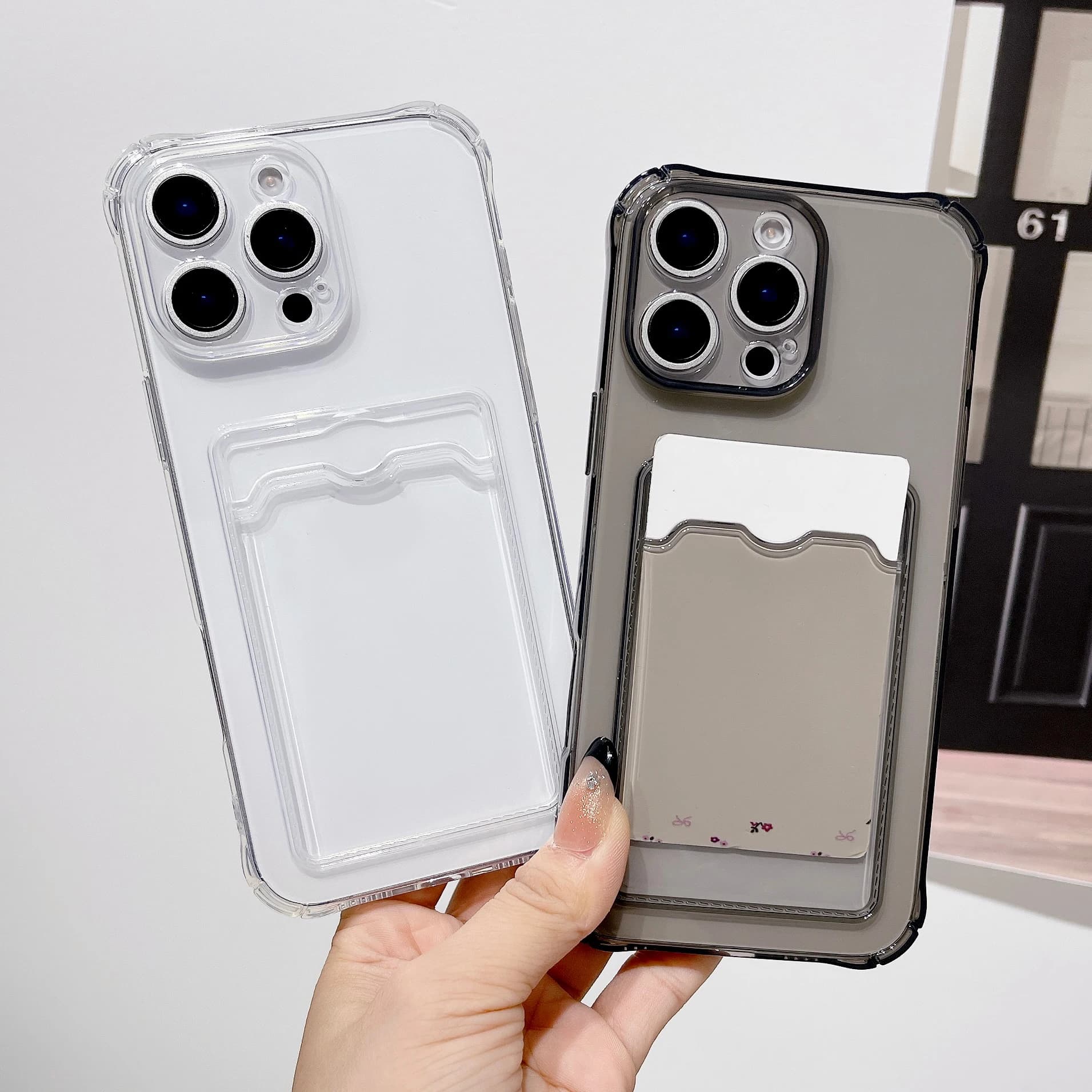 Protective Cover Transparent Shock with Card Slot ID/ATM for iPhone 16 15 14 13 12 11 Pro Xs Max Mini 16e XR, Silicone Case