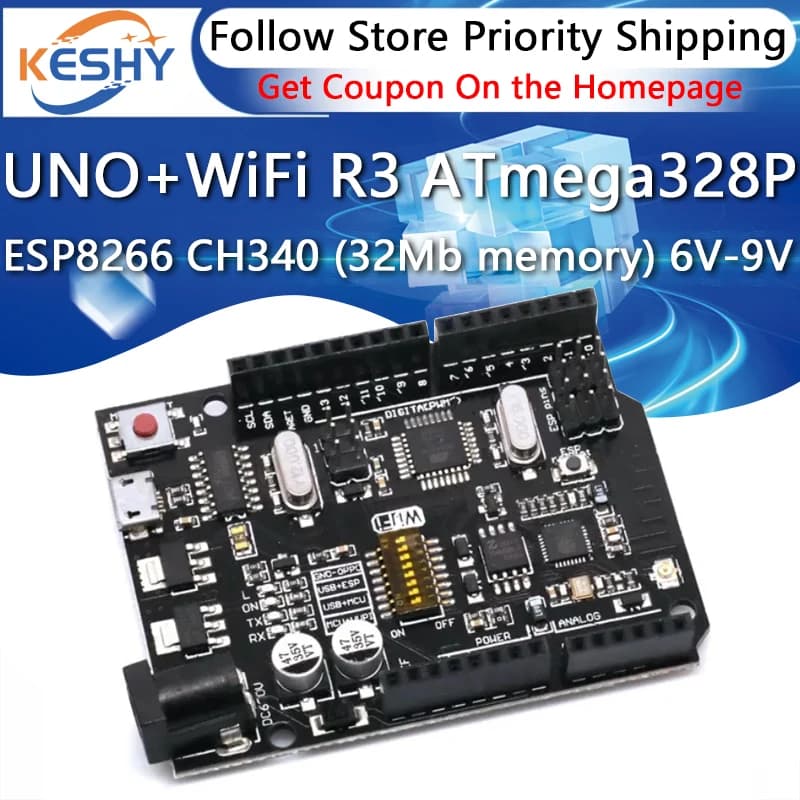 UNO + WiFi R3 ATmega328P + ESP8266 CH340 (memo 32 Mb) 6 V-9 V USB-TTL CH340G For Arduino NodeMCU WeMos One Development card