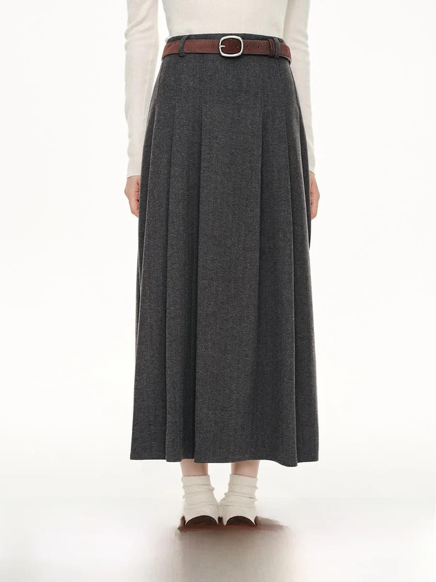 Gonna Lunga in Lana a Trapezio Grigia Plissettata a Vita Alta, Stile College Vintage Autunno Inverno, Calda in Misto Poliestere Cotone