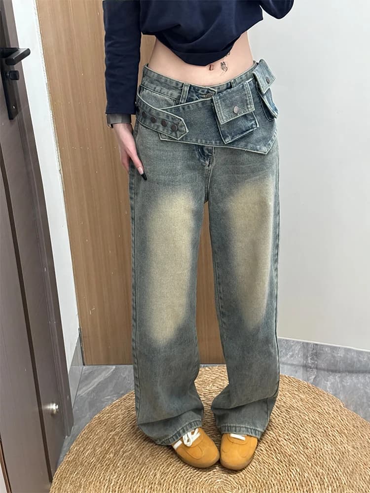 Detachable Waist Belt High Waist Denim Jeans Women's Summer New Style Spicy Girl Vintage Design Sensation Floor Length Pants