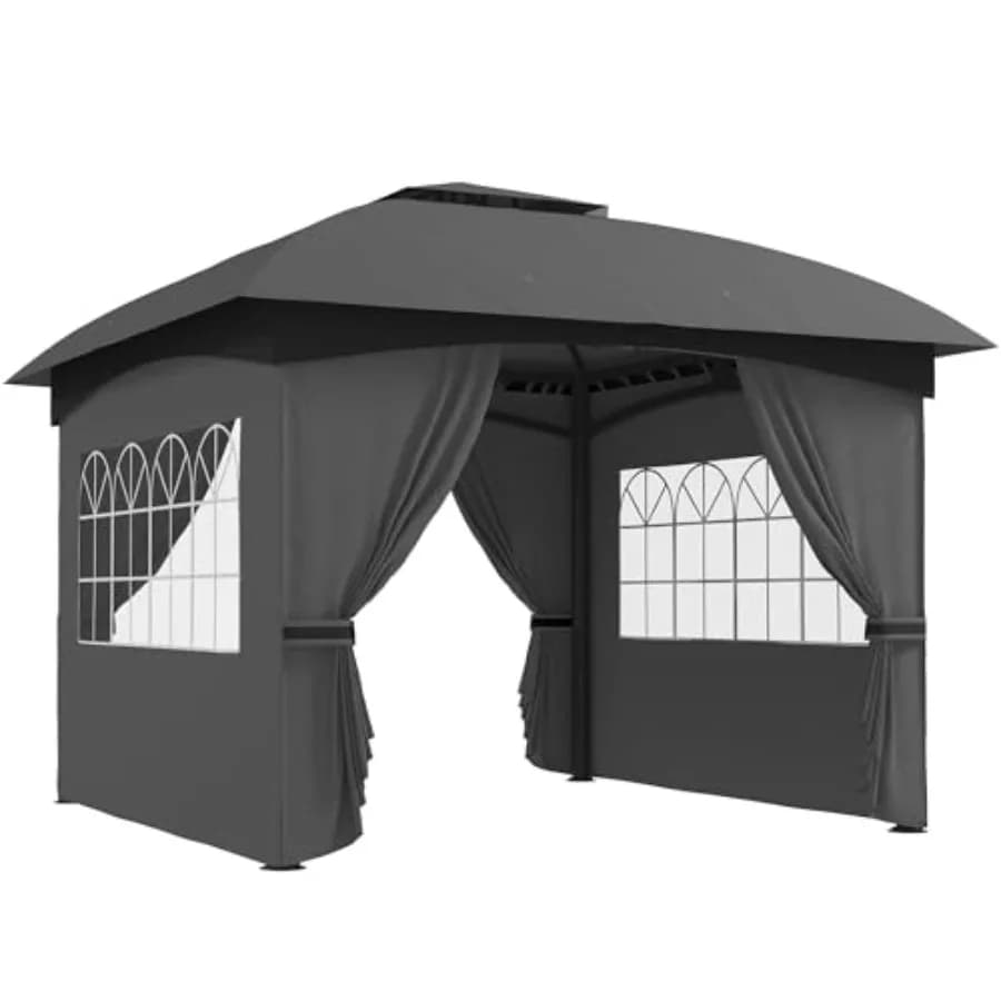 Gazebo da esterno 3,35m x 3,35m per giardino, cortile o terrazza, con telaio in acciaio zincato, grigio scuro, tetto doppio protetto dai raggi UV con tende.