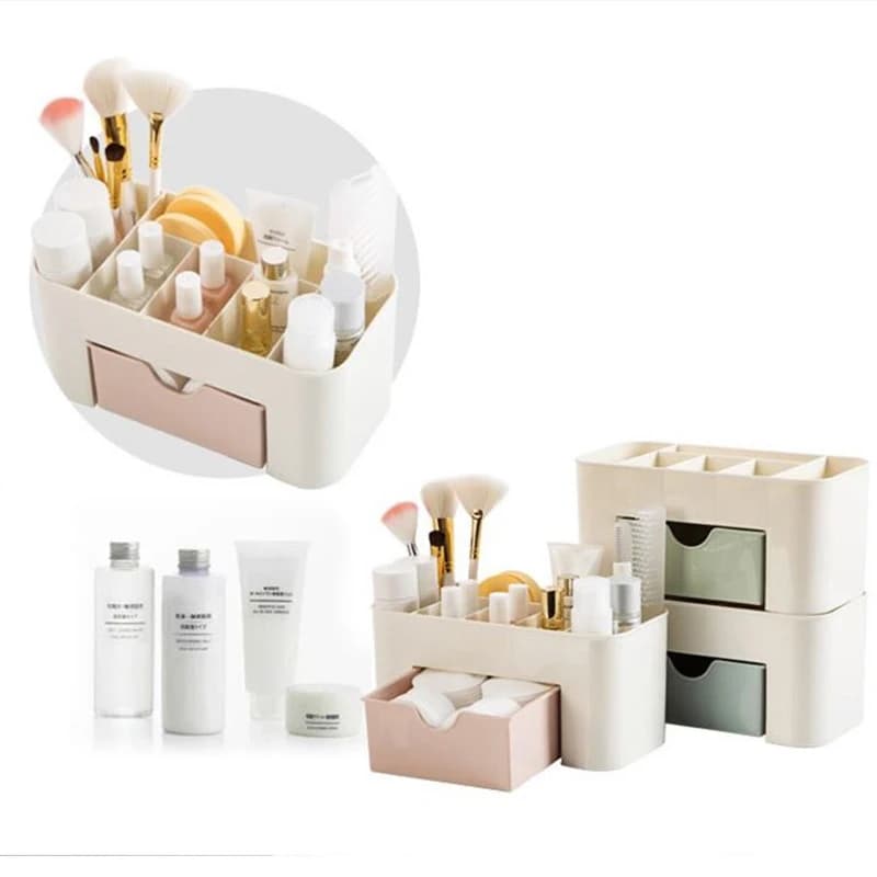 Set di 2 Organizzatori per Trucchi con Cassetto, Contenitore per Bastoncini di Cotone, Porta Rossetti e Pennelli da Trucco