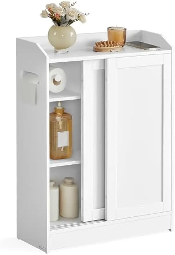 Armadietto portaoggetti sottile con ante scorrevoli, porta carta igienica e ripiani regolabili per bagno o soggiorno, bianco