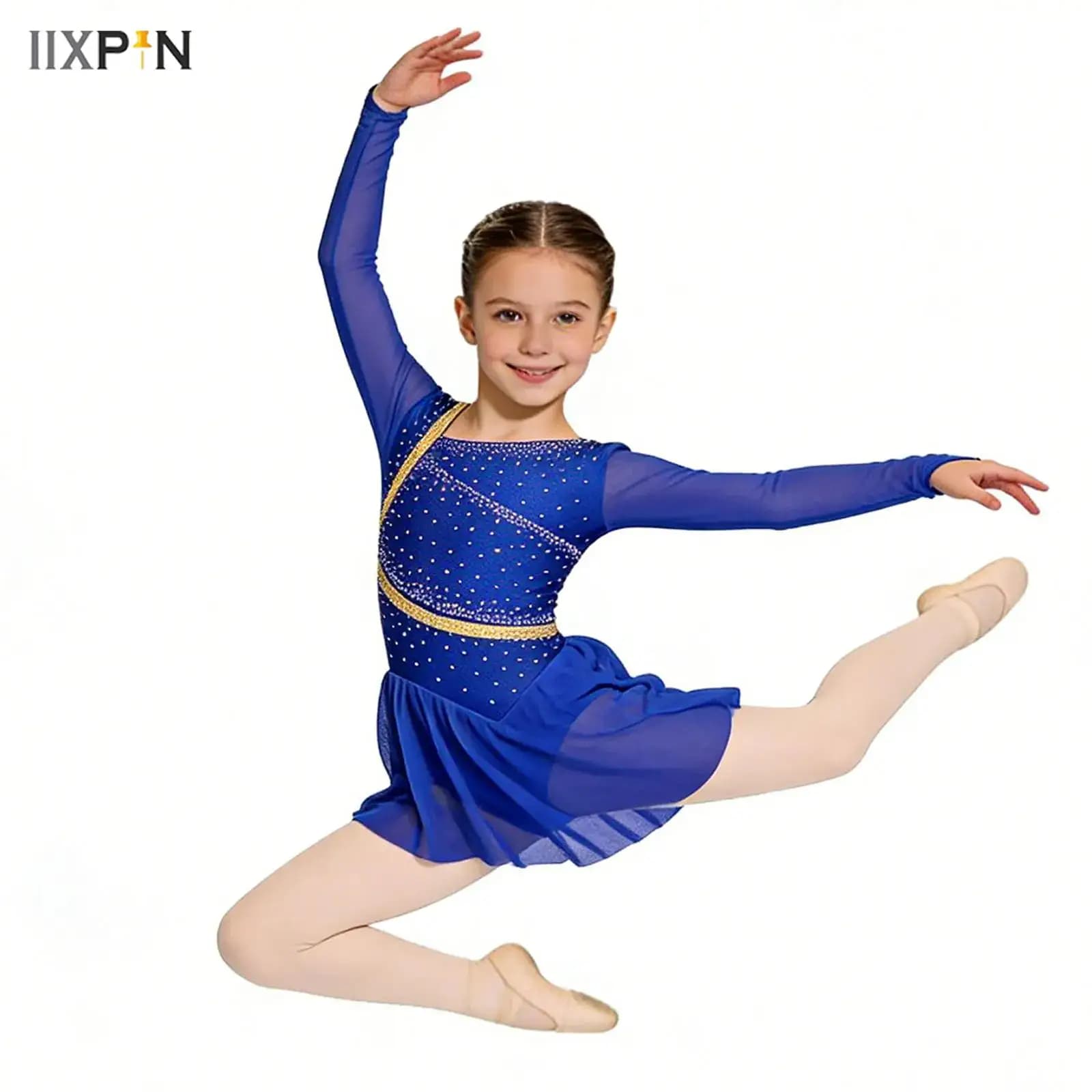 Body da Danza per Bambine con Strass Scintillanti, Abito Leotard in Jersey per Ginnastica, Costume per Pattinaggio Artistico