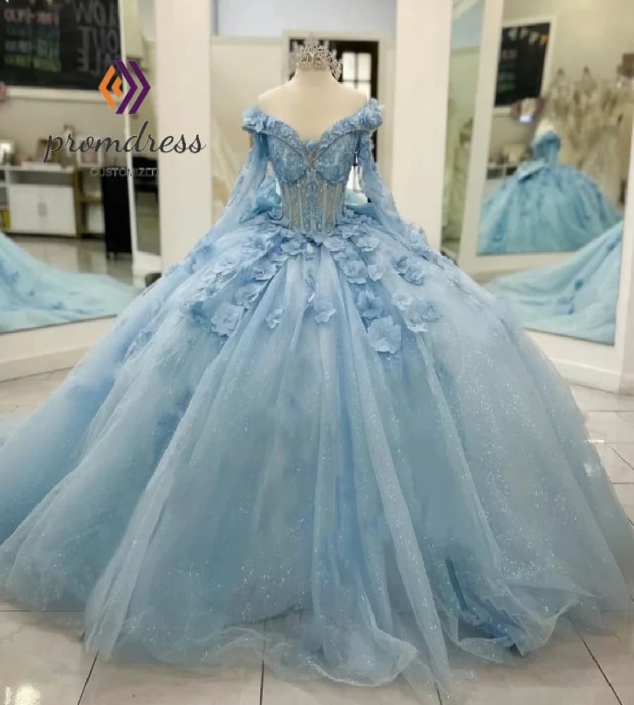 Elegante abito Quinceanera azzurro 2025 con fiori con spalle scoperte Manica lunga Vestio De 15 anni 2025 Abito da festa personalizzato