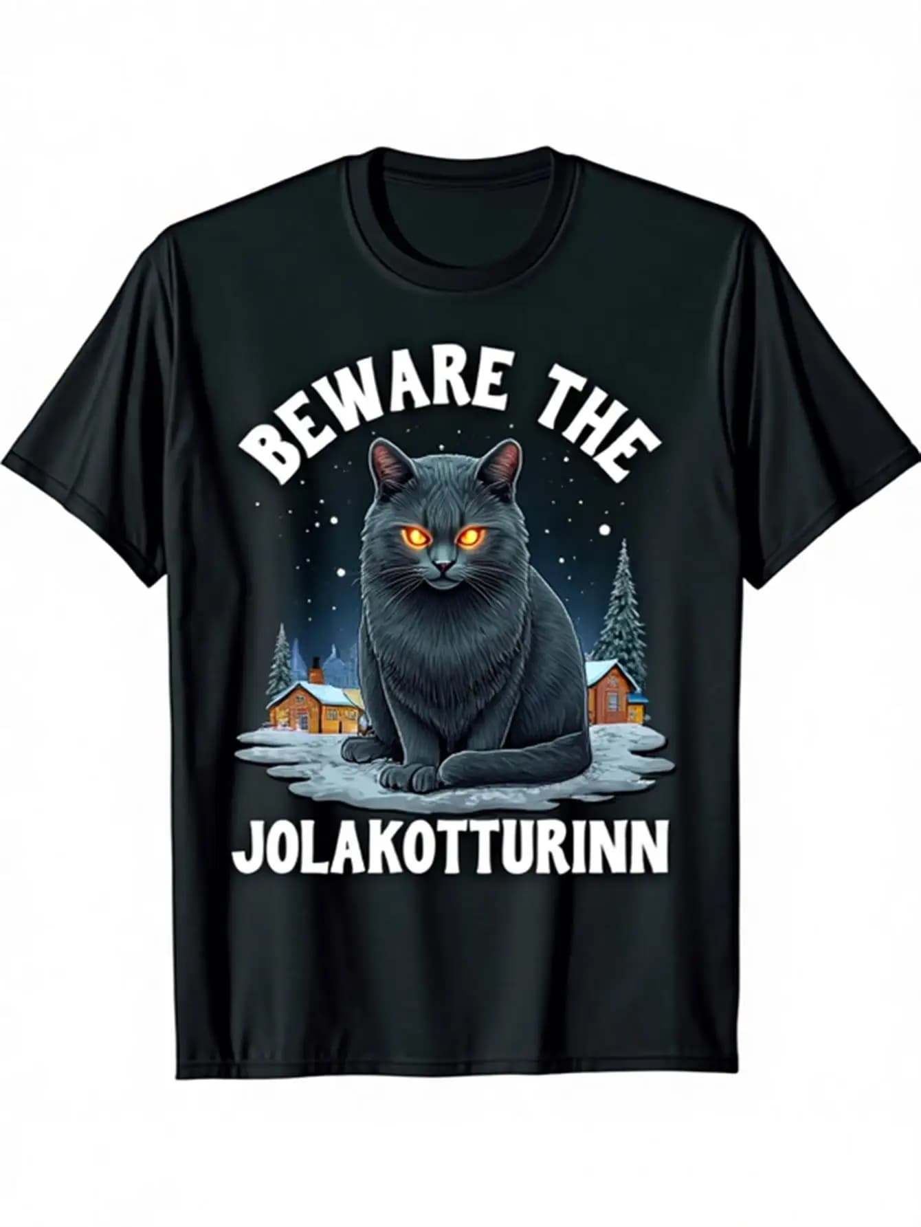 T-shirt con gatto nero e scena di neve di Jolakoturinn, camicia in cotone morbido e traspirante adatta per feste cosplay e abbigliamento casual, regalo horror per gli amanti dei gatti