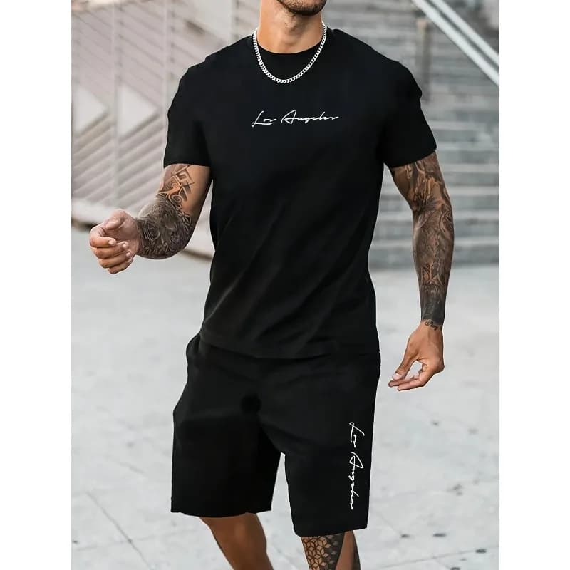 2026 new men's summer fitness sportswear short sleeved T-shirt and shorts two-piece set breathable lightweight casual wear
