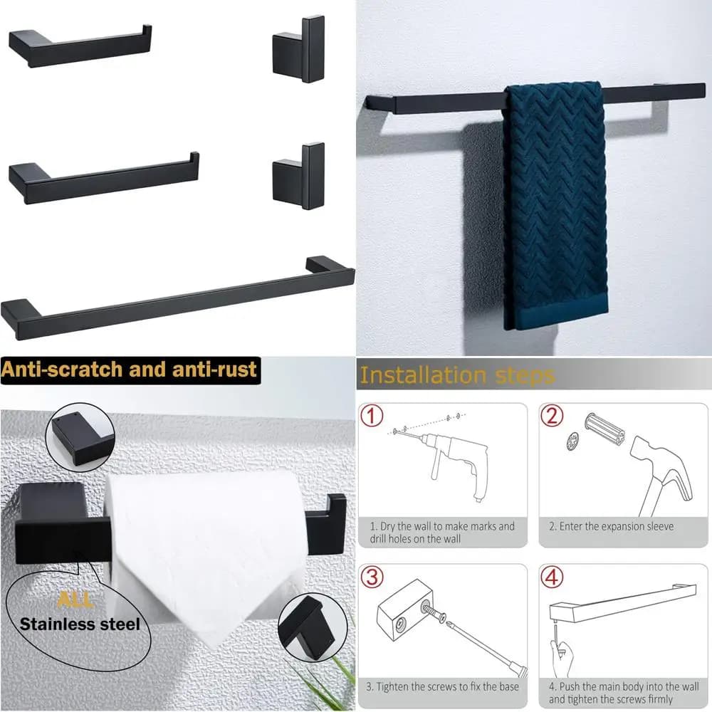 Set di accessori da bagno da 5 pezzi nero opaco con portasciugamani, porta carta igienica e ganci