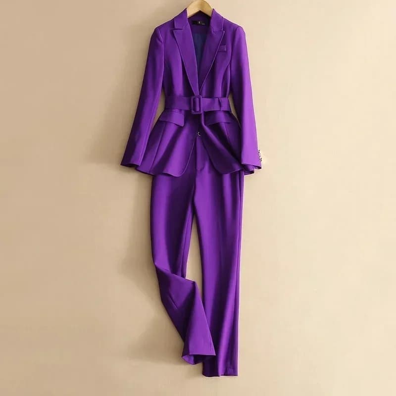 Formal dresses in two pieces women's fashion office pants purple Business classic with belt Blazer straight pants Set