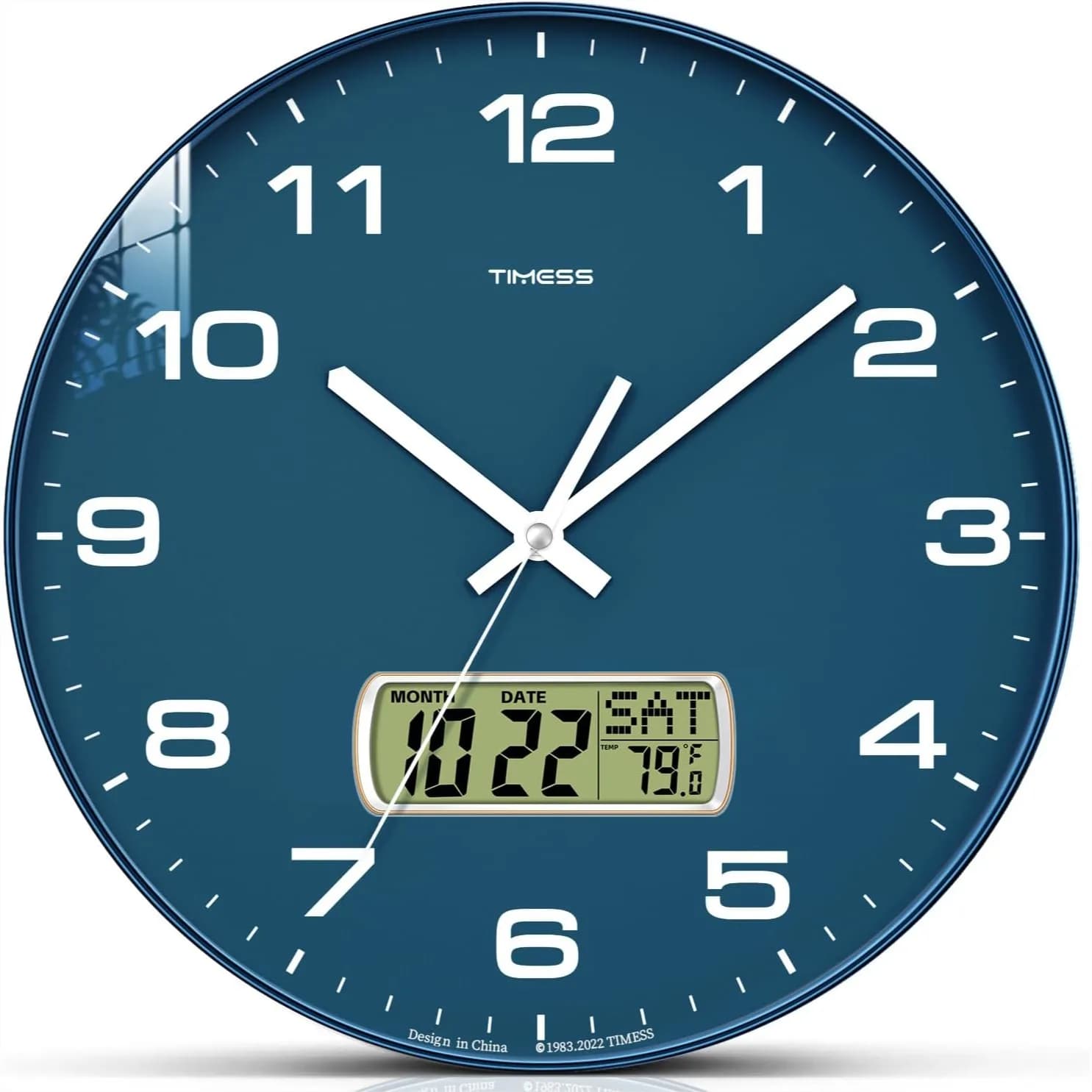 Orologio da Parete 12 Pollici Silenzioso a Batteria con Display LCD per Calendario Perpetuo e Temperatura, Arredamento Moderno per la Casa, Blu