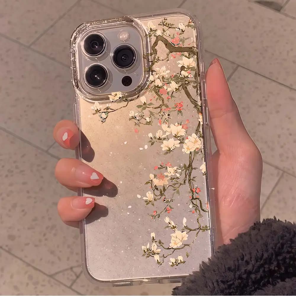 Vintage Magnolia Flower glitter Phone Case For iPhone 17 16 14 12 13 15 11 Pro Max Air 16 15 14 Plus 17E 16E X XR Soft TPU Cover