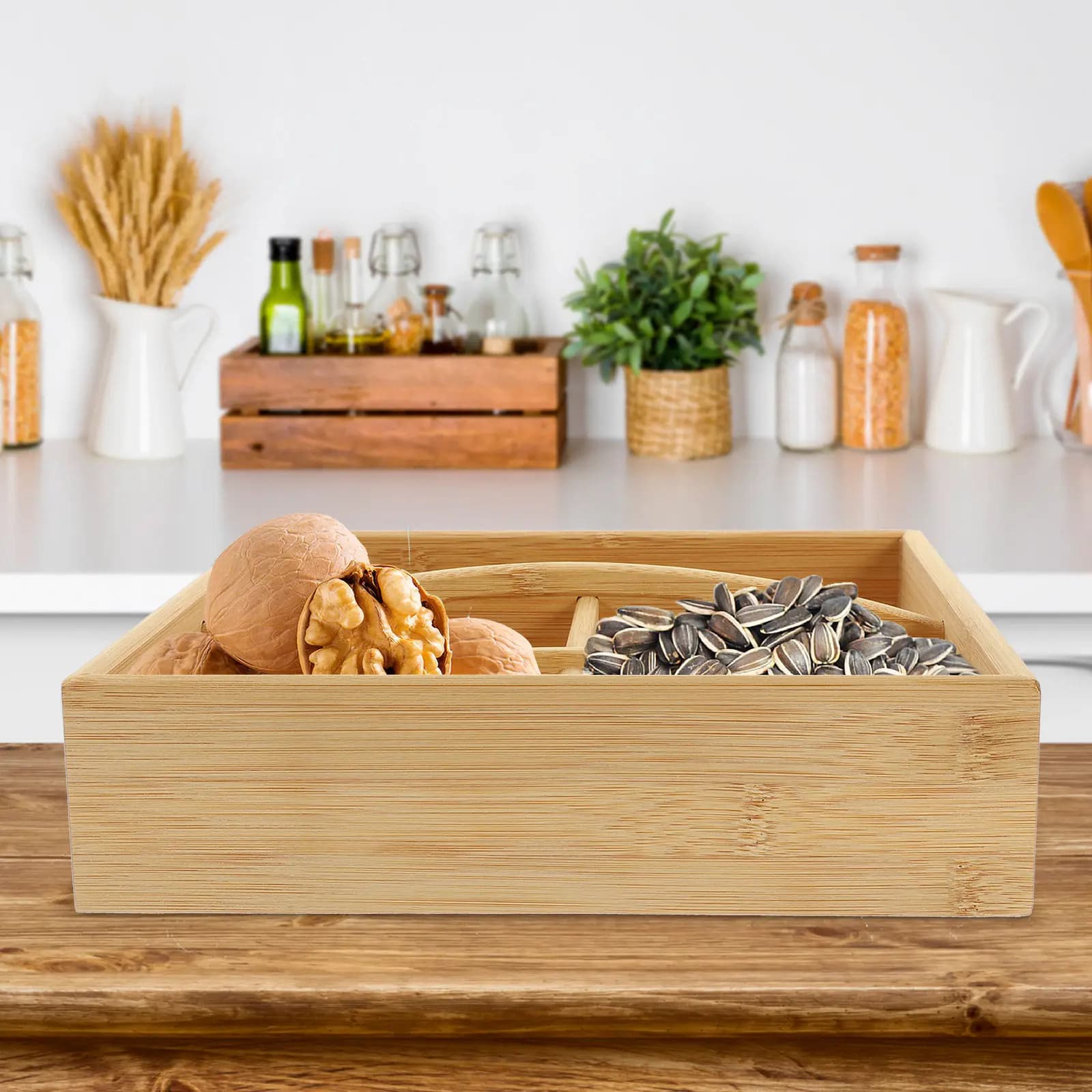 Scatola in Legno a 4 Scomparti per Servire Snack, Frutta Secca, Noci, Caramelle, Biscotti, Dessert, Decorazione per Feste in Casa, Elegante Espositore per Alimenti