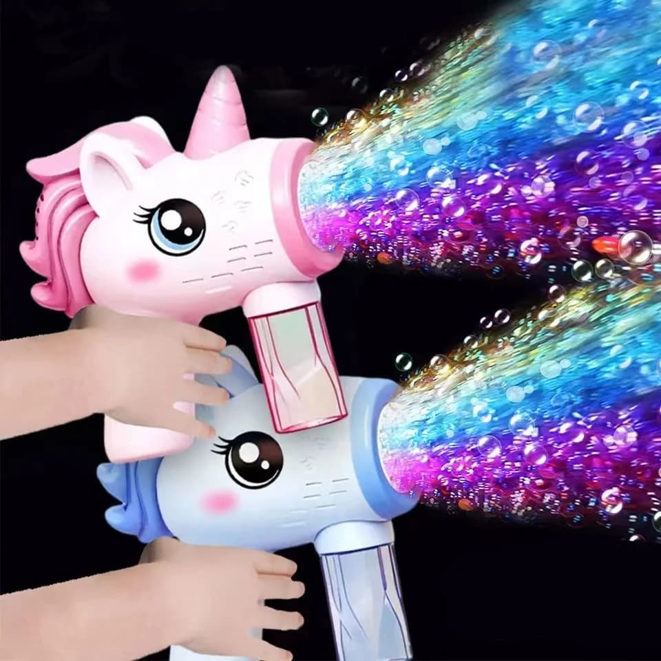 Pistola a bolle elettrica per bambini Unicorn, macchina per bolle giocattolo, soffiatore automatico di sapone con luci, giochi per feste all'aperto, g per bambini
