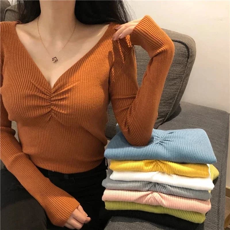 Women Sexy V Neck Sweater Autumn Knitted Pullover Jumper Chic Soft Slim Long Sleeve Female Basic Top New Winter
