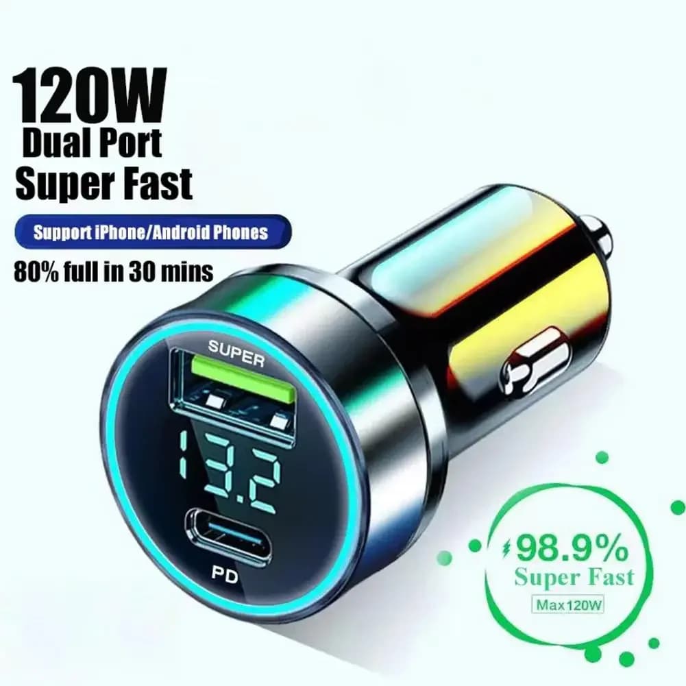 2 Port Super Fast USB Car Charger For iPhone 14 Pro Max 13 12 11 Samsung S23 S22 120W Quick Charging Adapter