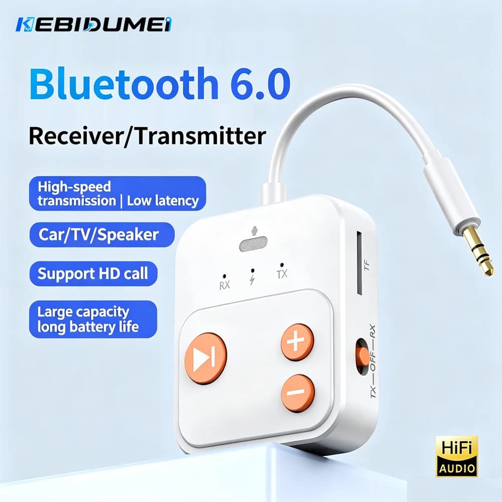 KEBIDUMEI Bluetooth 6.0 Audio Receiver Transmitter RT/TX 2 IN 1 Adapter for TV Earphones Cars Flights 3.5mm AUX Bluetooth Dongle