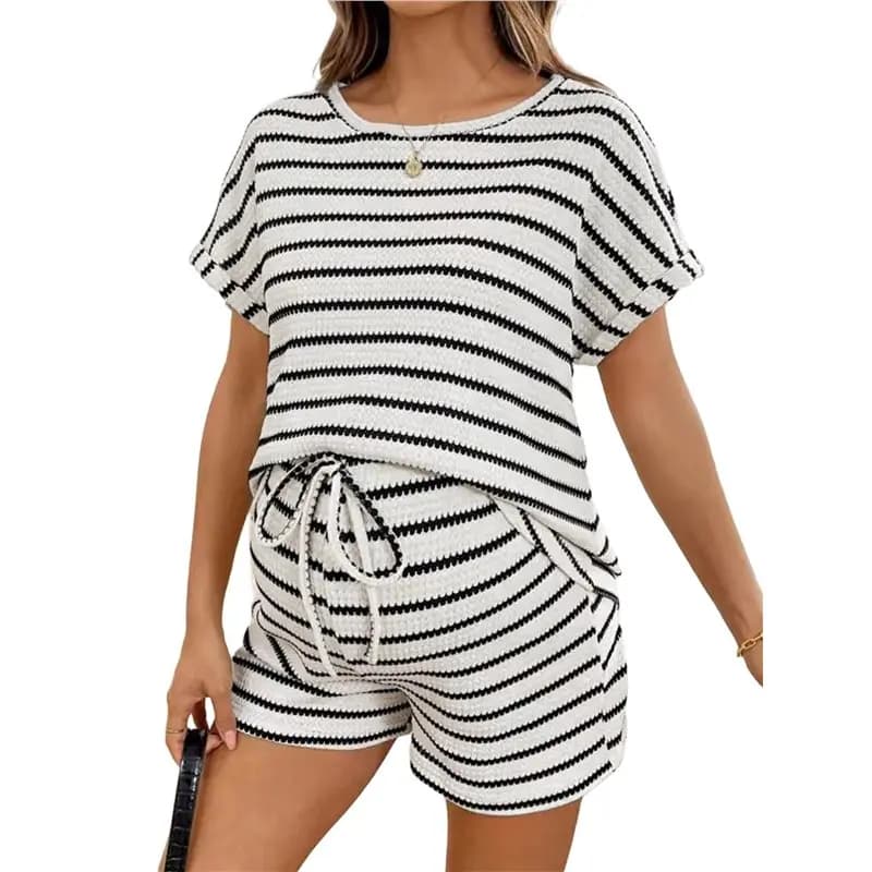 Womens Maternity 2 Piece Outfits Striped Crew Neck Short Sleeve Tee And Shorts Pregnancy Sets White S-A74P