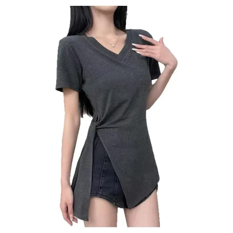 Spring and Summer Plus-size Women's New Pure Color Slimming and Slimming Design Irregular Tie V-neck Short-sleeve T-shirt