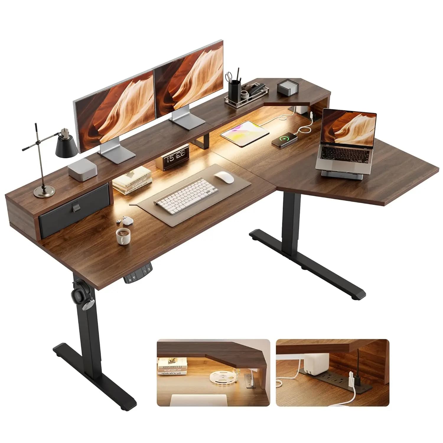 Scrivania Elettrica a L da 63 Pollici con Ripiano, Altezza Regolabile, Tavolo Angolare con LED, Supporto Monitor in Noce, Personalizzabile