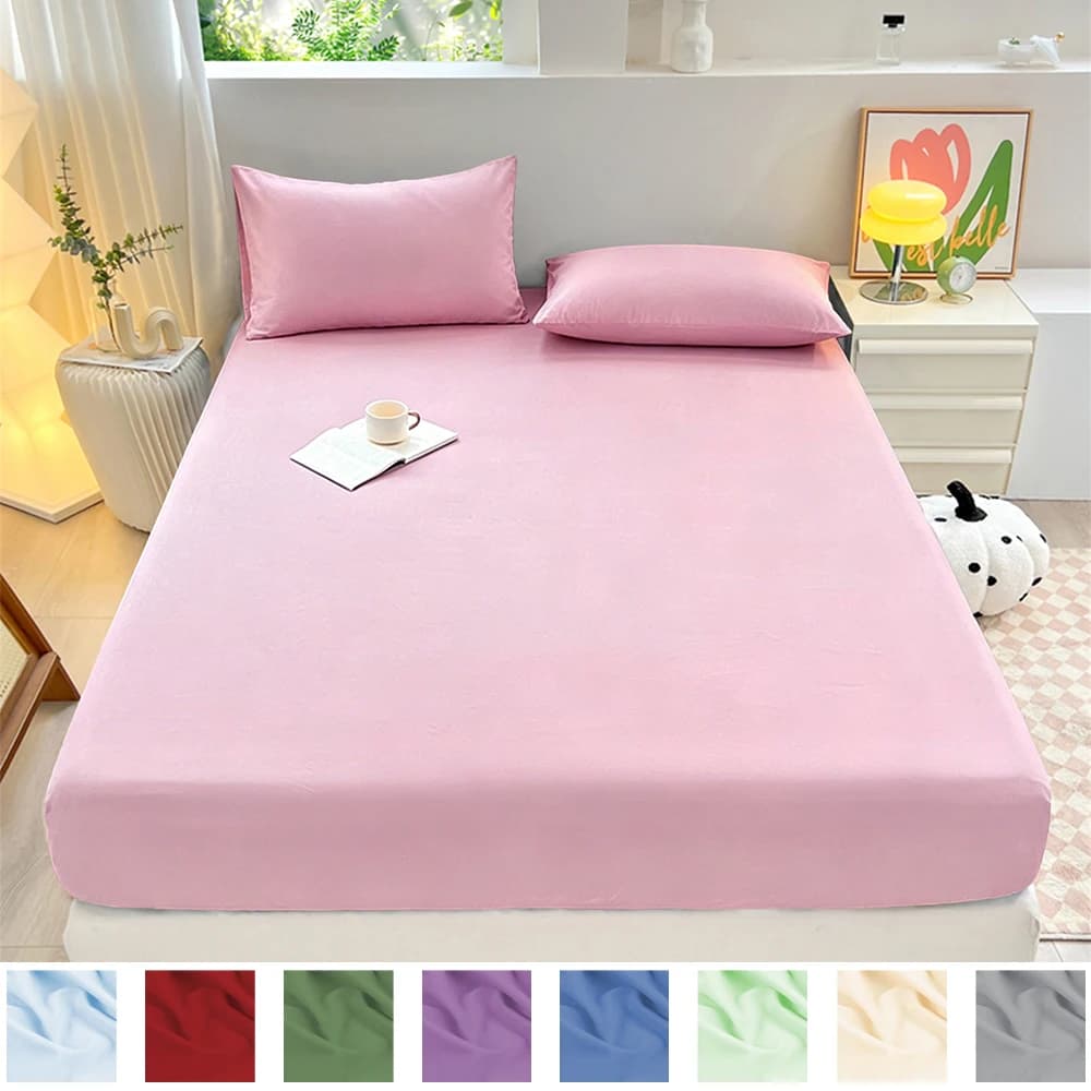 90/120/150/180x200cm Solid Color 3-Piece Fitted Sheet Set with Elastic Band Mattress Covers Protector Single/Double/King Beds