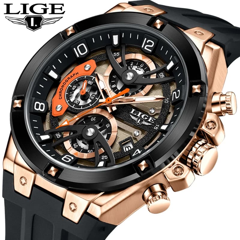 LIGE Luxury Men's Military Watch Waterproof Luminous Data Sport Men's Wrist Watch Chronograph Silicone Strap Quartz Watches