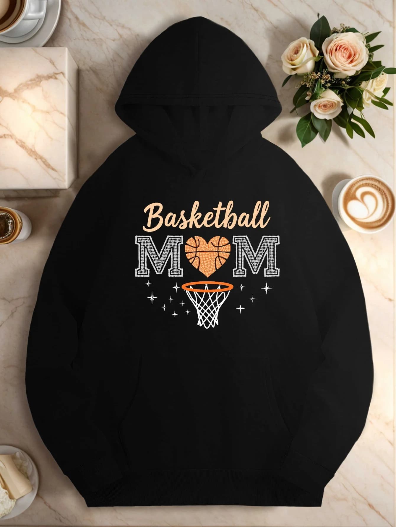 "Basketball Mom" hoodie with heart-shaped motifs and grill - women casual hood sweatshirt, suitable for casual clothing