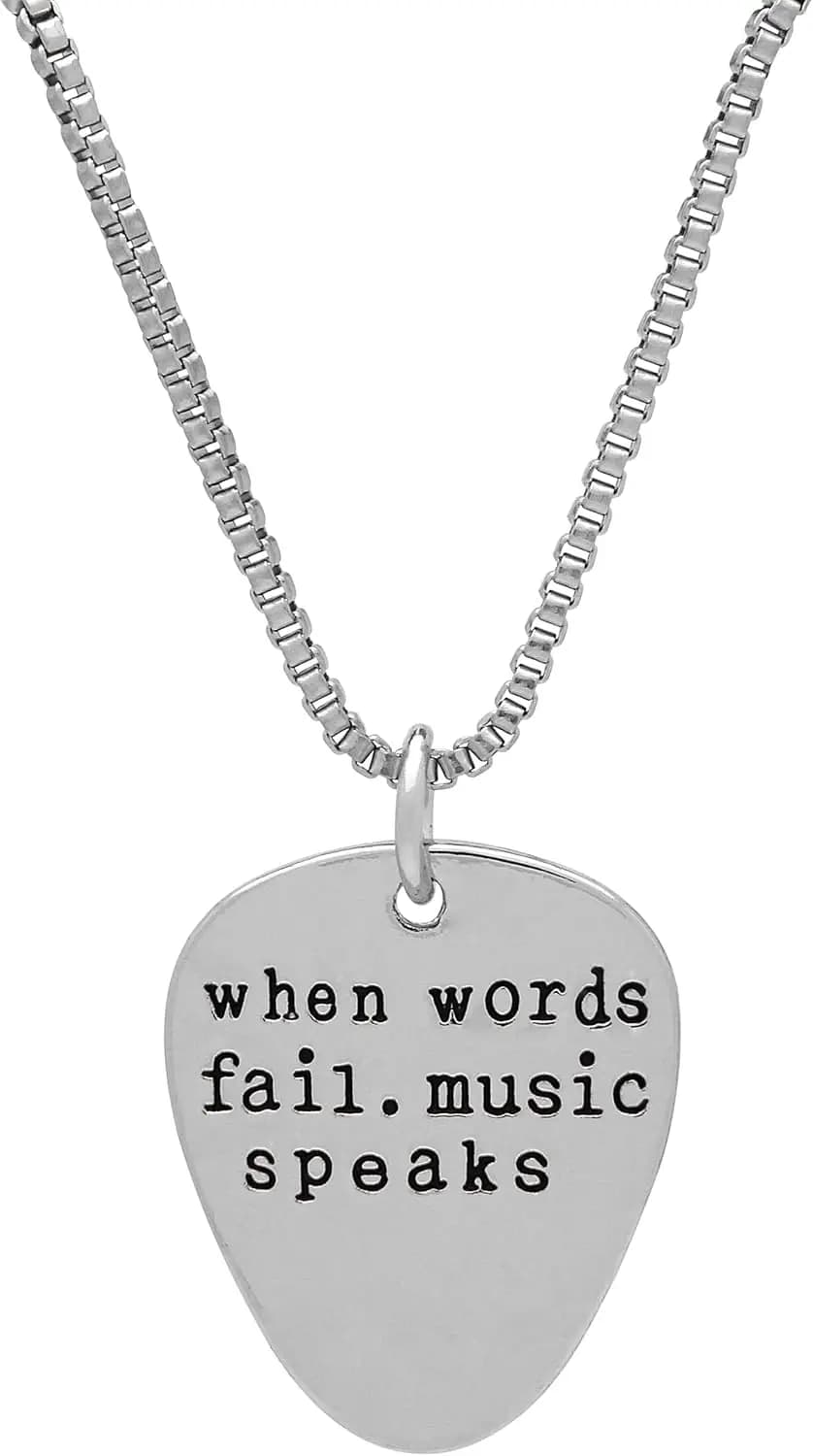 Art Attack When Words Fail Music Parla Collana a catena, plettro per chitarra elettrica Rock N Roll Love Ciondolo in metallo (Argento)