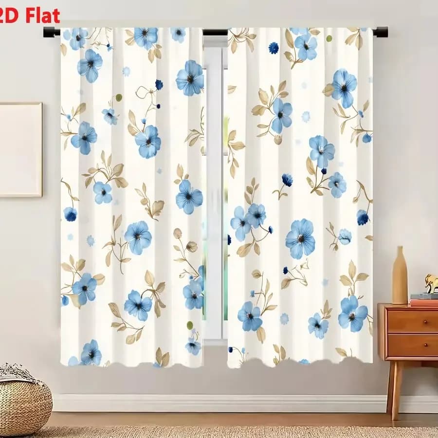 2Pcs Curtains 2D Flat Seamless Floral Pattern On Light Cream Background With Delicate Hand-Drawn Blue Flowers And Muted Beige St