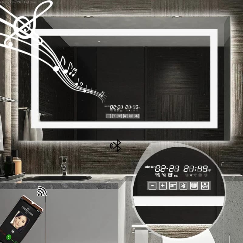 Specchio da bagno intelligente a LED Specchio da parete retroilluminato + interruttore di memoria touch + difogger + altoparlante compatibile con Bluetooth